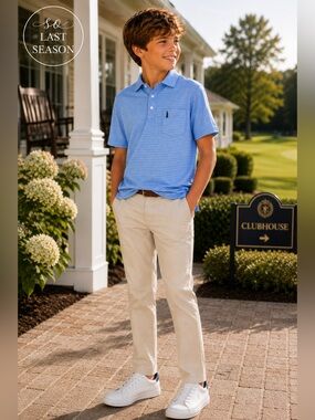 Johnnie-O Hangin’ Out Gulf Blue Striped Polo Boys Size 12